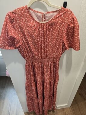 SHEIN Rust Red Floral Smocked-Waist Midi Dress